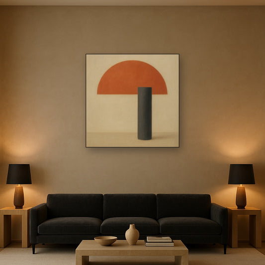 Semicircle Horizon & Minimalist Pillar No. 24 Oil Painting Staged Above Sectional Sofa in Living Room, Hand Painted Canvas Wall Art for Home Decor