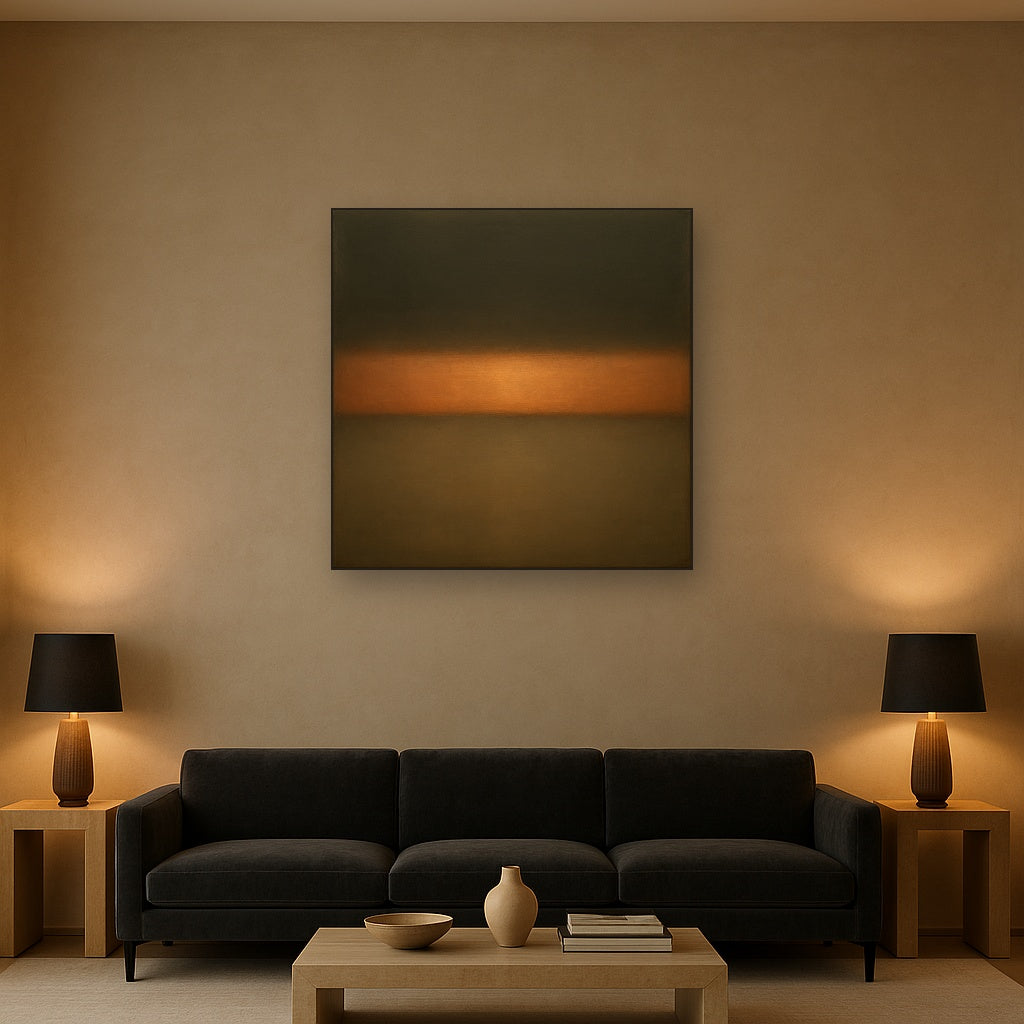 Charcoal Slate & Burnished Copper Horizon Oil Painting Staged Above Sectional Sofa in Living Room, Hand Painted Canvas Wall Art for Home Decor