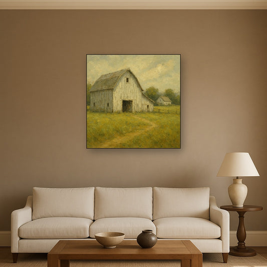 Weathered White Barn & Pasture Oil Painting - Styled in Modern Living Room