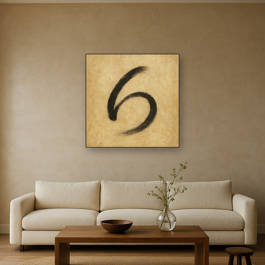 Aged Rice Paper & Charcoal Calligraphic Balance No. 23 Oil Painting Staged Above Sectional Sofa in Living Room, Hand Painted Canvas Wall Art for Home Decor