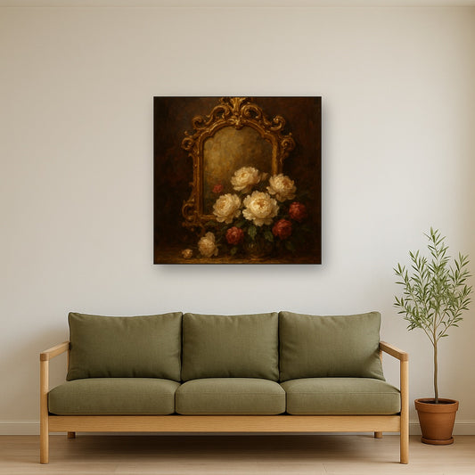 Baroque Gilded Mirror & Peonies No. 4 Oil Painting - Styled in Modern Living Room