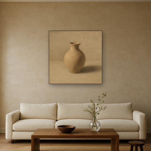 Organic Clay Vessel & Solitary Shadow No. 28 Oil Painting Staged Above Sectional Sofa in Living Room, Hand Painted Canvas Wall Art for Home Decor