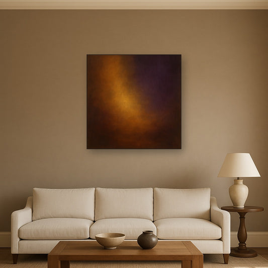 Burnt Amber & Velvet Amethyst Atmosphere No. 17 Oil Painting Staged Above Sectional Sofa in Living Room, Hand Painted Canvas Wall Art for Home Decor