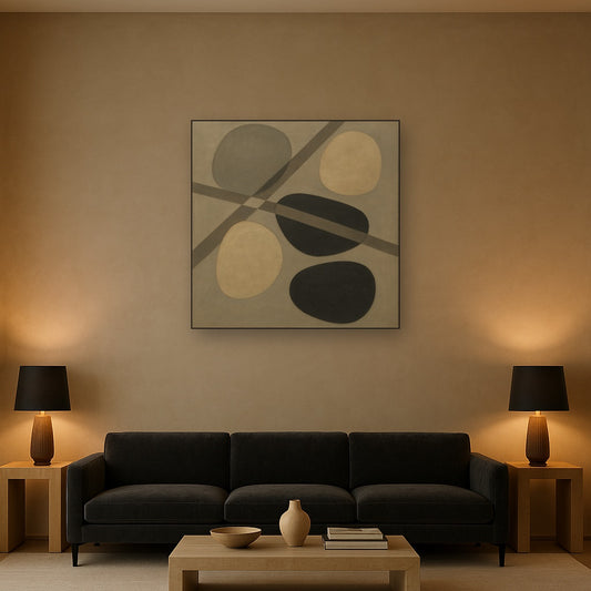 Organic Pebble Contours & Slanted Lines No. 25 Oil Painting Staged Above Sectional Sofa in Living Room, Hand Painted Canvas Wall Art for Home Decor
