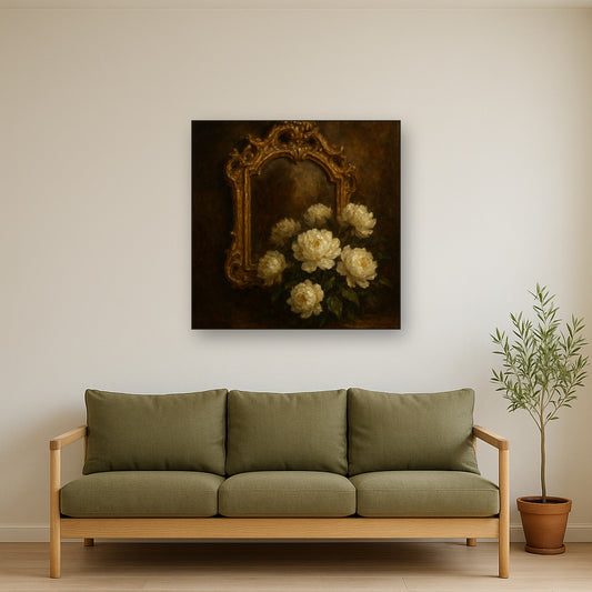 Baroque Gilded Mirror & Peonies No. 3 Oil Painting - Styled in Modern Living Room