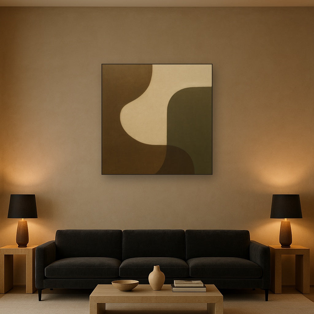 Minimalist Asymmetrical Balance in Raw Umber No. 18 Oil Painting Staged Above Sectional Sofa in Living Room, Hand Painted Canvas Wall Art for Home Decor