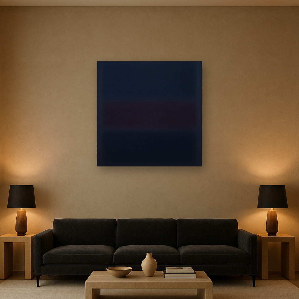 Deep Indigo & Midnight Plum Ambient Field No. 30 Oil Painting Staged Above Sectional Sofa in Living Room, Hand Painted Canvas Wall Art for Home Decor