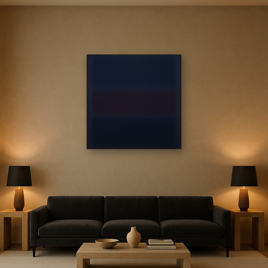 Deep Indigo & Midnight Plum Ambient Field No. 30 Oil Painting Staged Above Sectional Sofa in Living Room, Hand Painted Canvas Wall Art for Home Decor