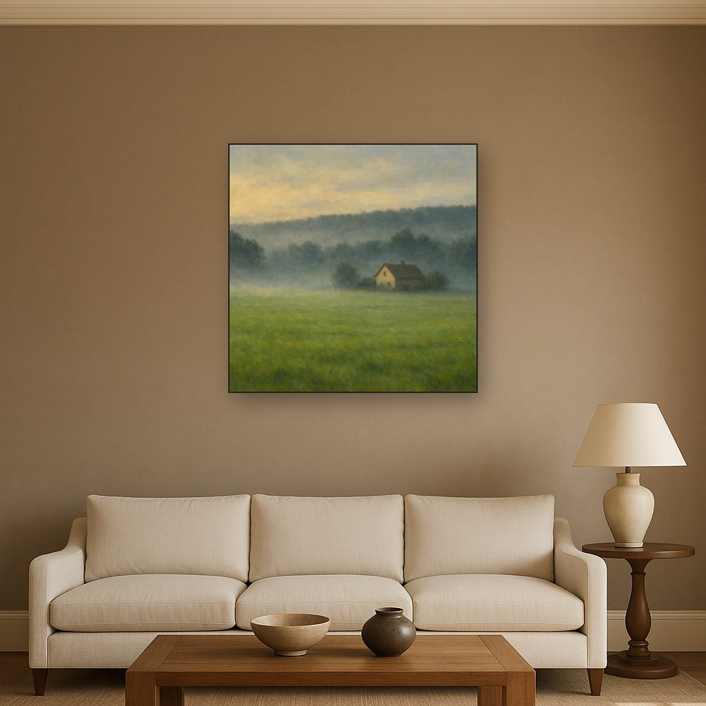Misty Morning Pasture with Distant Wooded Ridge No. 8 Fine Art Oil Painting - View 2