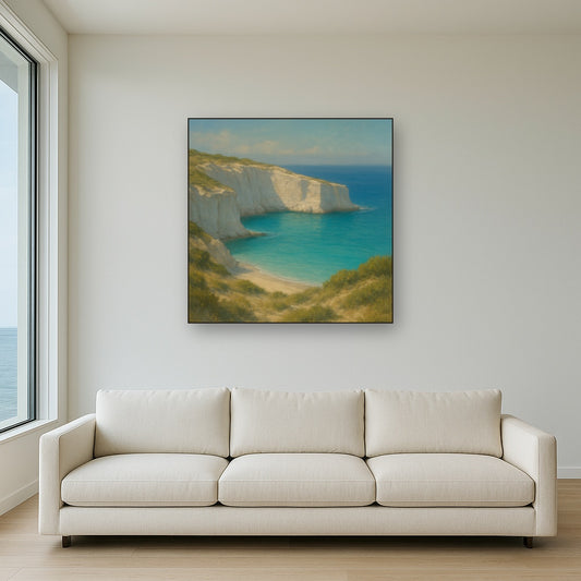 Mediterranean White Cliffs & Turquoise Cove No. 10 Oil Painting Staged Above Sectional Sofa in Living Room, Hand Painted Canvas Wall Art for Home Decor