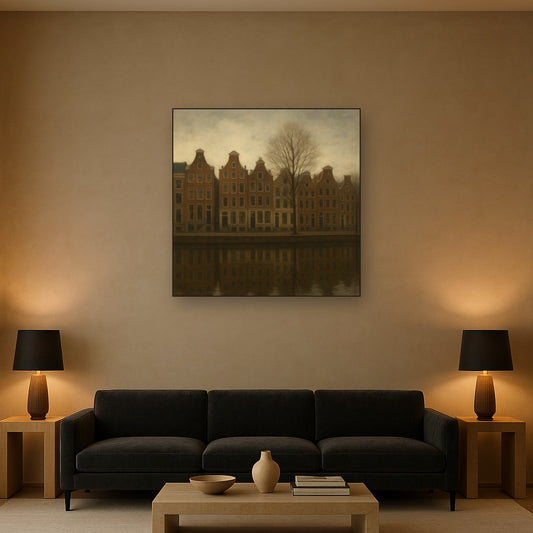 Amsterdam Canal Houses Under Overcast Sky No. 28 Oil Painting Staged Above Sectional Sofa in Living Room, Hand Painted Canvas Wall Art for Home Decor