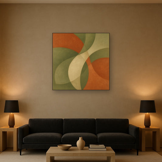 Intersecting Curved Forms in Olive & Rust No. 15 Oil Painting Staged Above Sectional Sofa in Living Room, Hand Painted Canvas Wall Art for Home Decor