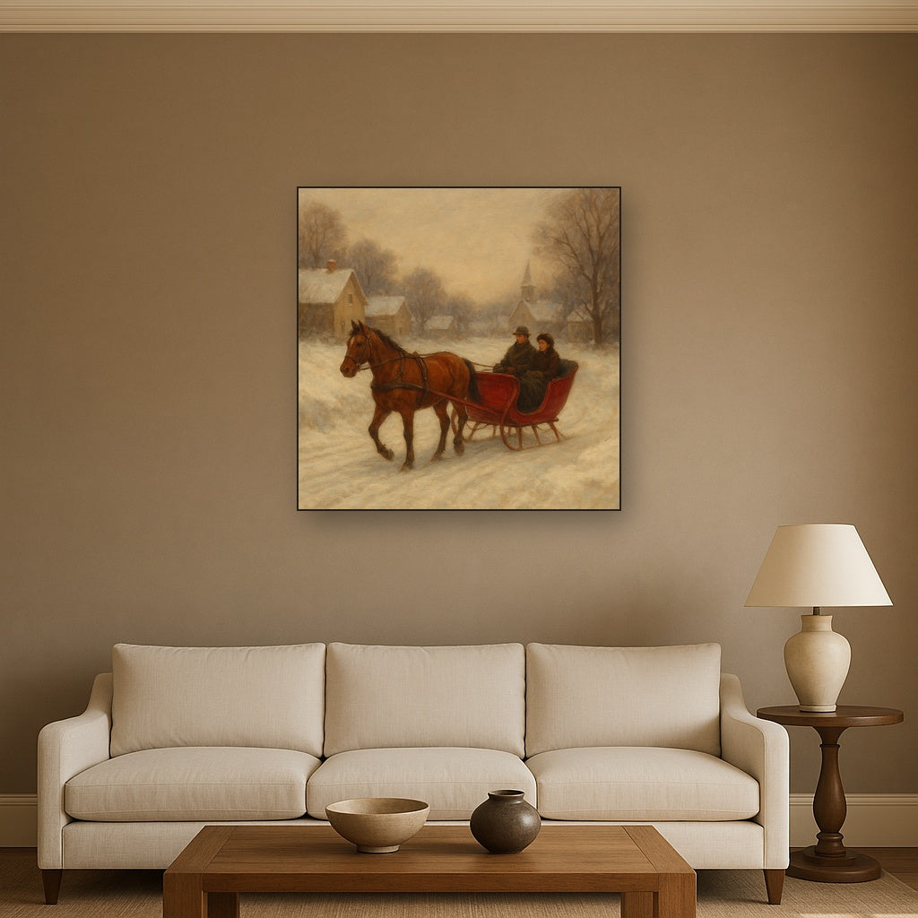 Horse-Drawn Sleigh on Village Snow Road No. 8 Oil Painting - View 2