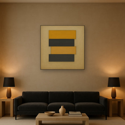 Stacked Horizon Blocks in Mustard & Charcoal No. 6 Oil Painting Staged Above Sectional Sofa in Living Room, Hand Painted Canvas Wall Art for Home Decor