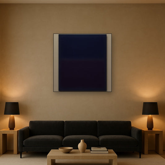 Deep Indigo & Midnight Plum Ambient Field No. 24 Oil Painting Staged Above Sectional Sofa in Living Room, Hand Painted Canvas Wall Art for Home Decor