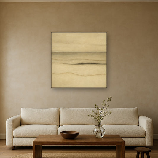 Raw Limestone Horizon & Washed Linen No. 19 Oil Painting Staged Above Sectional Sofa in Living Room, Hand Painted Canvas Wall Art for Home Decor