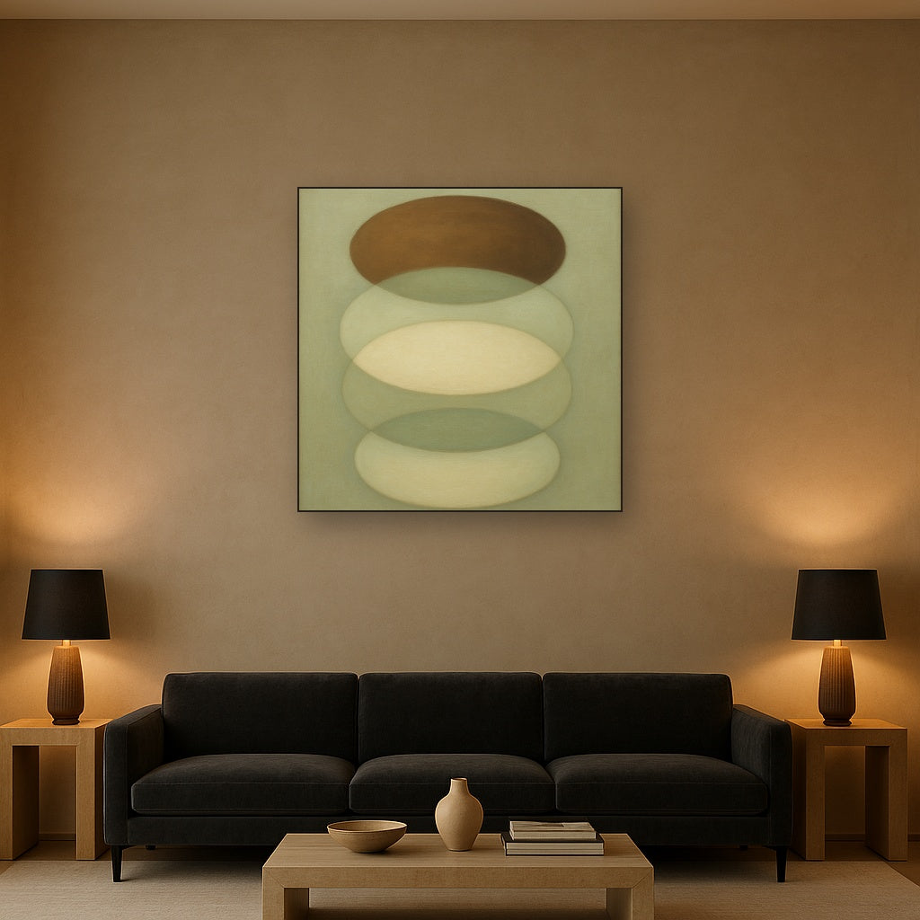 Floating Ellipse Harmony in Walnut & Pale Sage No. 8 Oil Painting - View 2