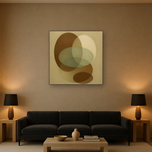 Floating Ellipse Harmony in Walnut & Pale Sage No. 22 Oil Painting Staged Above Sectional Sofa in Living Room, Hand Painted Canvas Wall Art for Home Decor