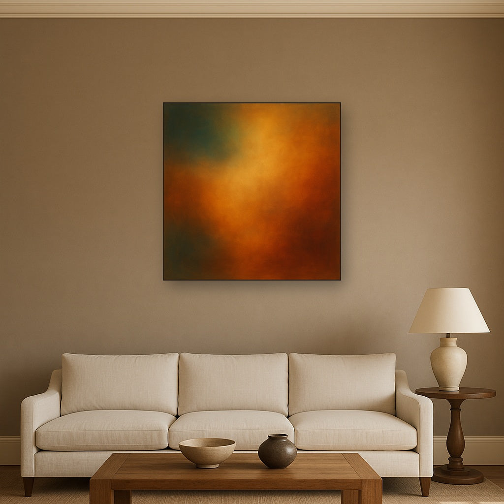 Deep Topaz & Spiced Terracotta Glow No. 13 Oil Painting Staged Above Sectional Sofa in Living Room, Hand Painted Canvas Wall Art for Home Decor