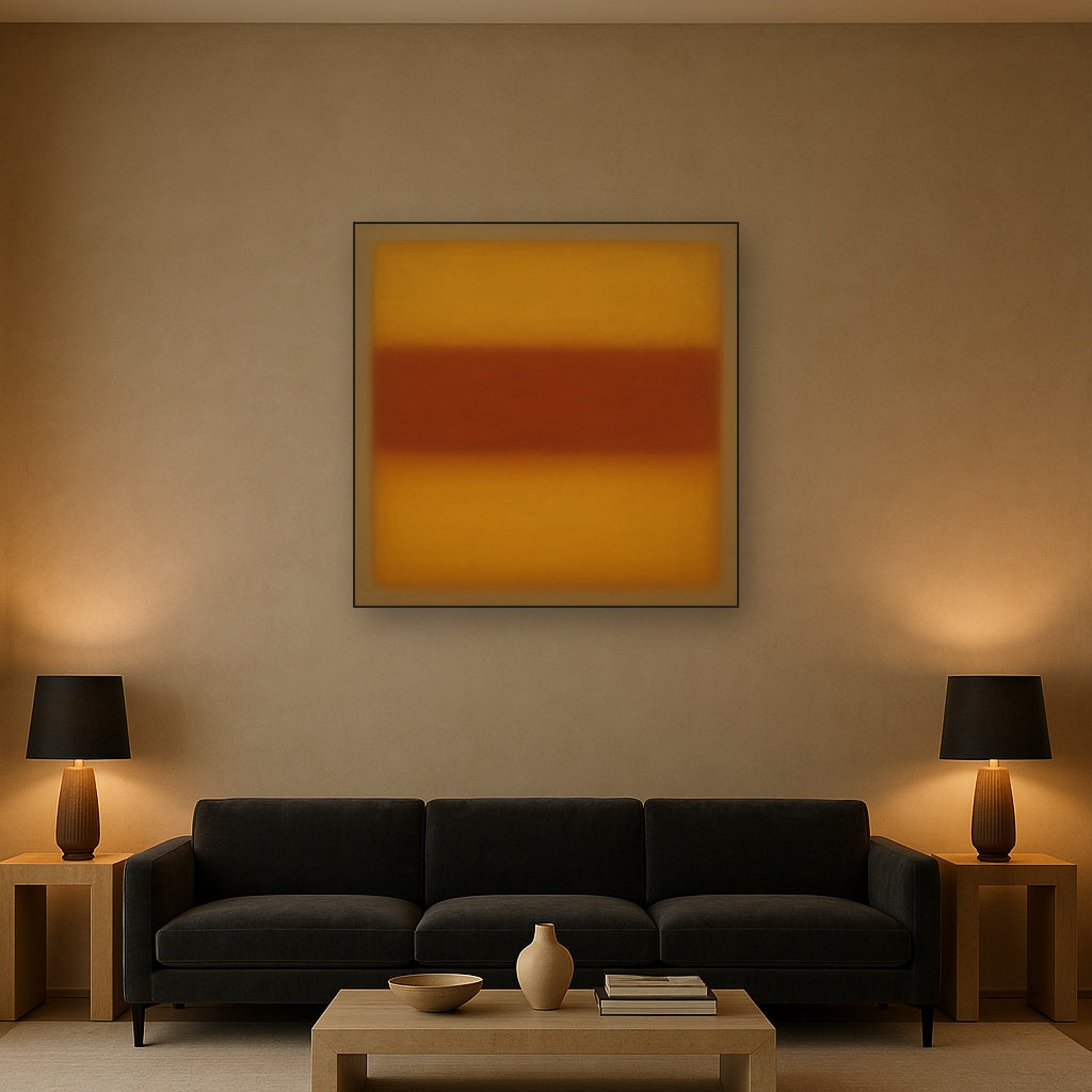 Luminous Ochre & Terracotta Horizon Color Field No. 12 Oil Painting Staged Above Sectional Sofa in Living Room, Hand Painted Canvas Wall Art for Home Decor