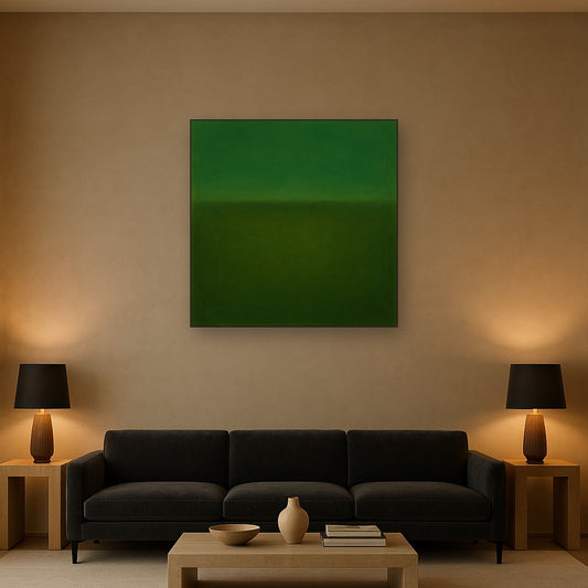 Forest Emerald & Deep Moss Contemplative Field No. 19 Oil Painting Staged Above Sectional Sofa in Living Room, Hand Painted Canvas Wall Art for Home Decor