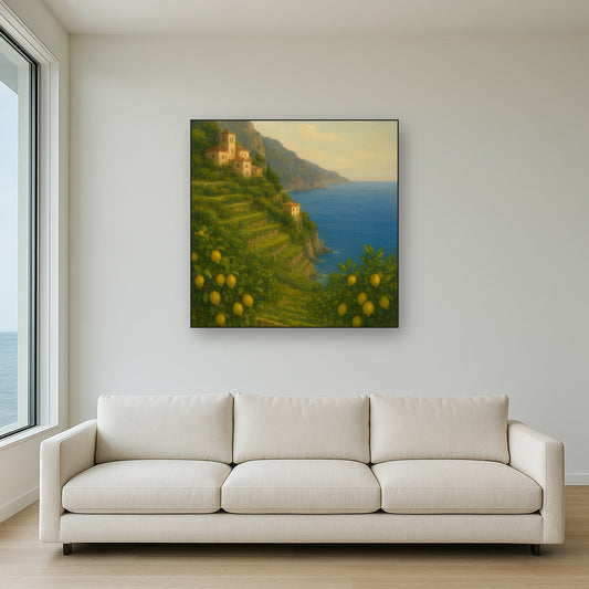 Italian Amalfi Coastline Terraces & Lemon Grove No. 18 Oil Painting Staged Above Sectional Sofa in Living Room, Hand Painted Canvas Wall Art for Home Decor