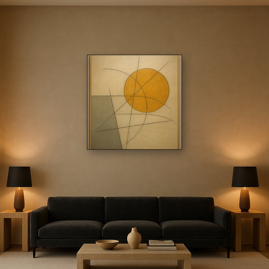 Abstract Tangent Lines & Earthy Ochre Disc No. 10 Oil Painting Staged Above Sectional Sofa in Living Room, Hand Painted Canvas Wall Art for Home Decor