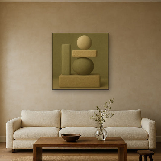 Muted Olive & Sandstone Geometric Balance No. 23 Oil Painting Staged Above Sectional Sofa in Living Room, Hand Painted Canvas Wall Art for Home Decor