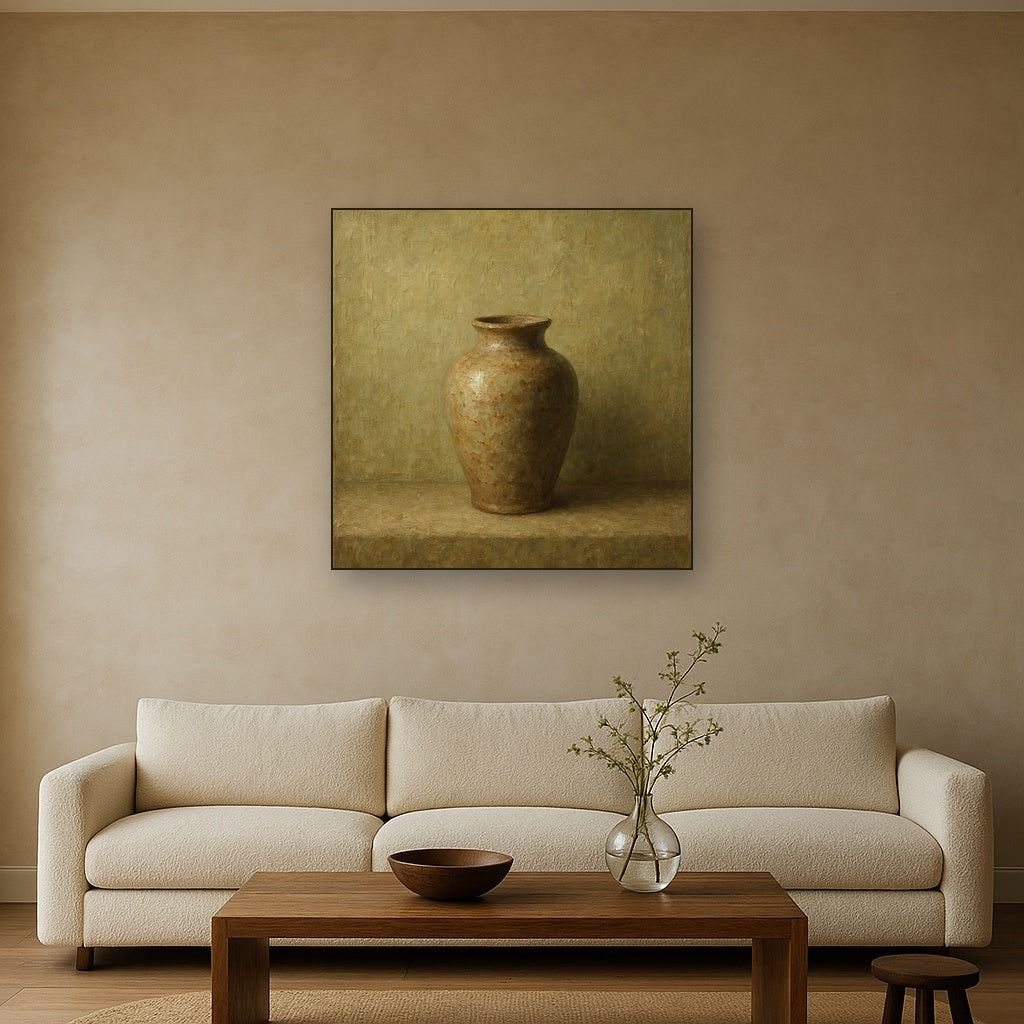 Earthen Ceramic Vessel Minimalist Oil Painting - Styled in Modern Living Room