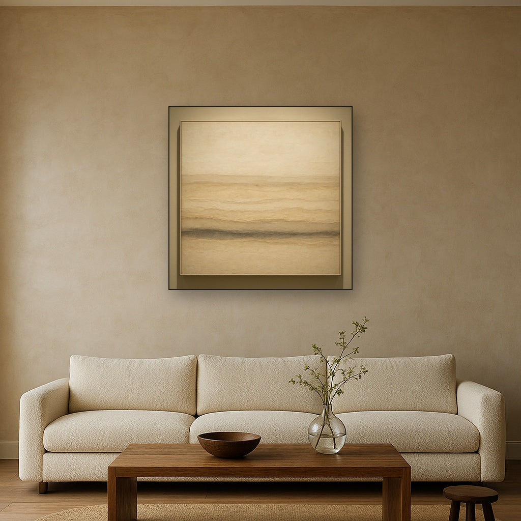Raw Limestone Horizon & Washed Linen No. 11 Oil Painting Staged Above Sectional Sofa in Living Room, Hand Painted Canvas Wall Art for Home Decor