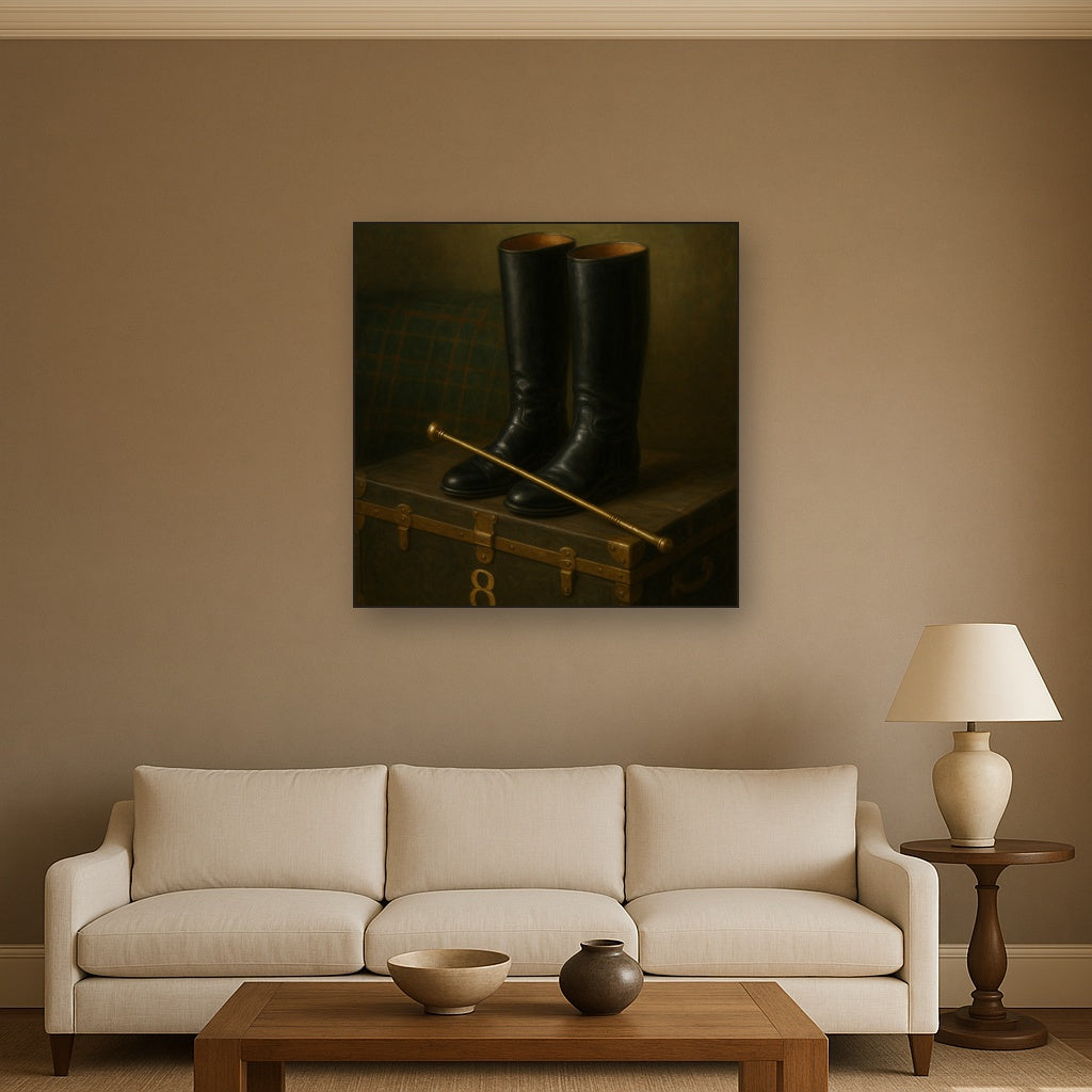 Vintage Riding Boots & Brass Crop on Trunk No. 8 Oil Painting - View 2