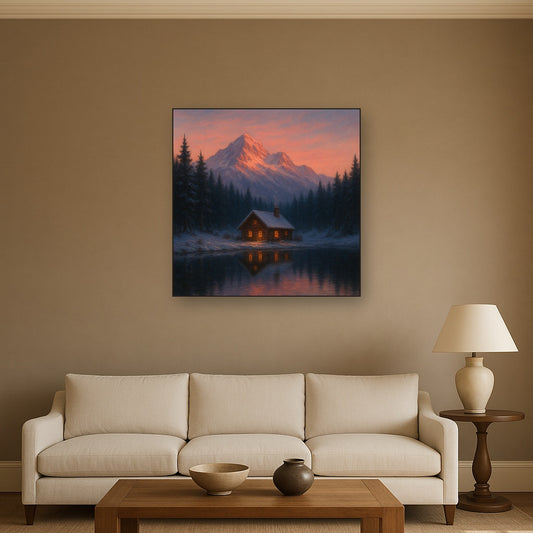 Winter Solstice Mountain Cabin Reflection No. 10 Oil Painting Staged Above Sectional Sofa in Living Room, Hand Painted Canvas Wall Art for Home Decor