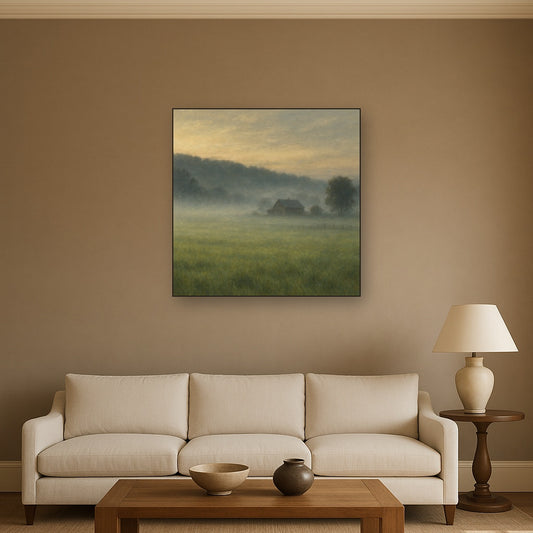 Misty Morning Pasture with Distant Wooded Ridge No. 10 Fine Art Oil Painting - View 2