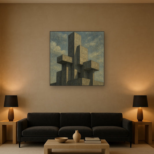 Brutalist Concrete Monolith & Sky No. 8 Oil Painting - Styled in Modern Living Room