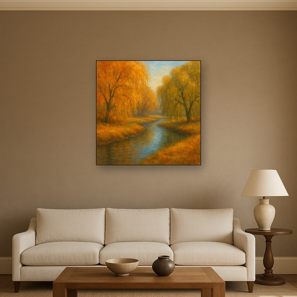 Tranquil River through Autumn Willow Woods Fine Art Oil Painting - View 2