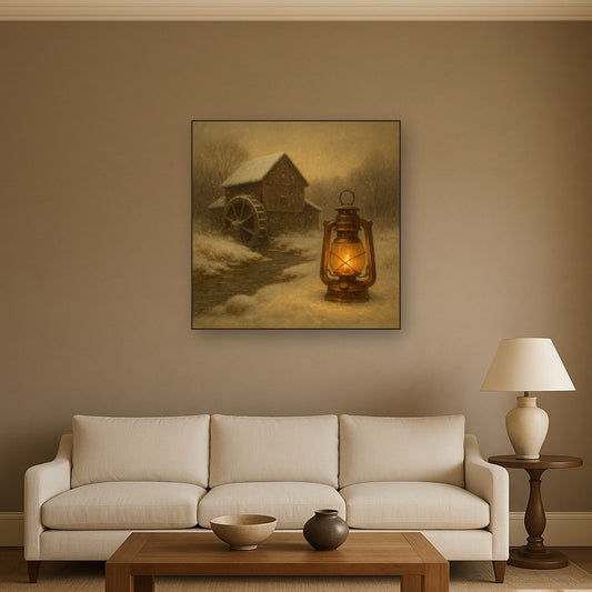 Snowy Mill Stream & Glowing Lantern No. 4 Oil Painting - View 2