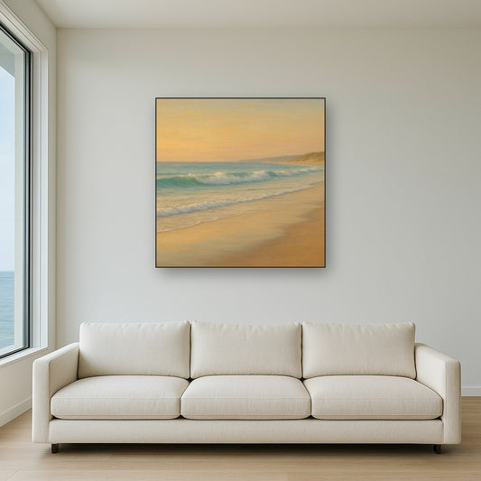 Gentle Breaking Waves & Wet Beach Reflection No. 7 Oil Painting Staged Above Sectional Sofa in Living Room, Hand Painted Canvas Wall Art for Home Decor
