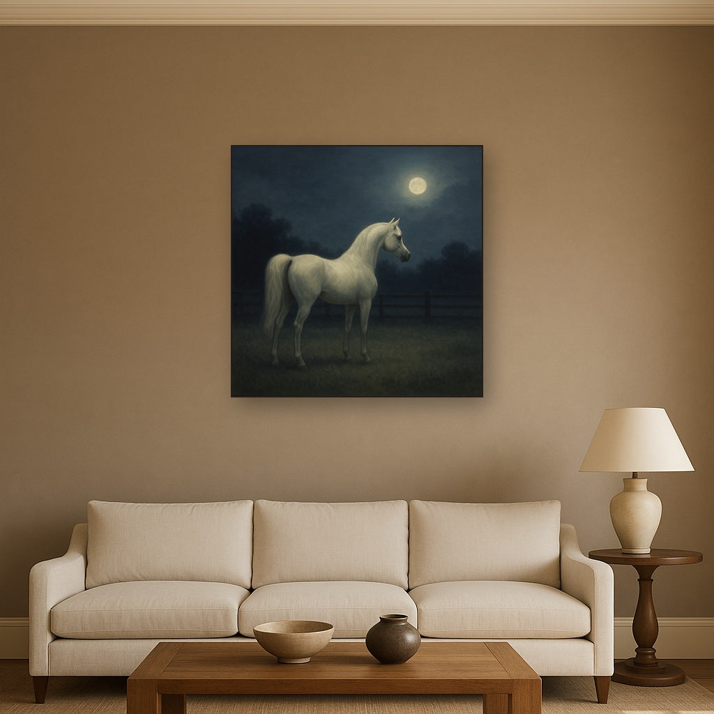 Moonlit Paddock with White Arabian Silhouette No. 6 Oil Painting - View 2