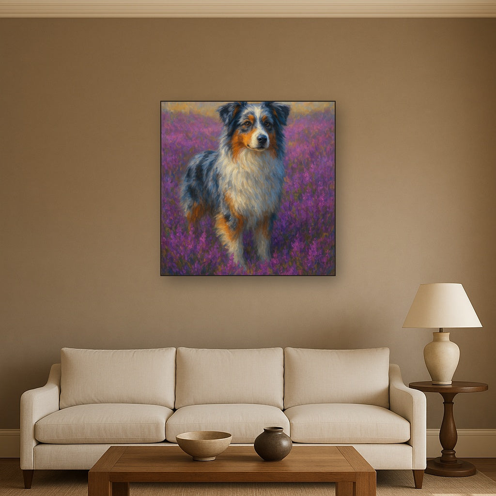 Australian Shepherd in Blooming Heather Field No. 10 Fine Art Oil Painting - View 2