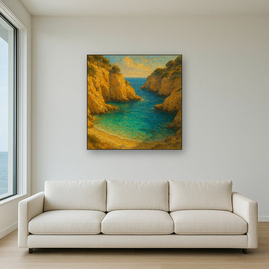 Mediterranean Turquoise Bay Seascape Oil Painting - Styled in Modern Living Room