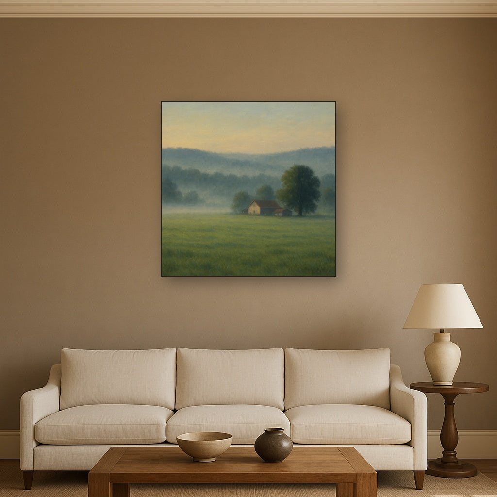 Misty Morning Pasture with Distant Wooded Ridge Fine Art Oil Painting - View 2