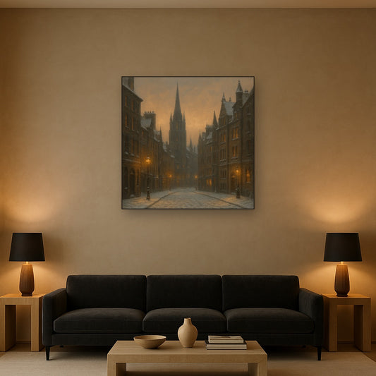 Edinburgh Old Town Royal Mile in Snow No. 5 Oil Painting Staged Above Sectional Sofa in Living Room, Hand Painted Canvas Wall Art for Home Decor