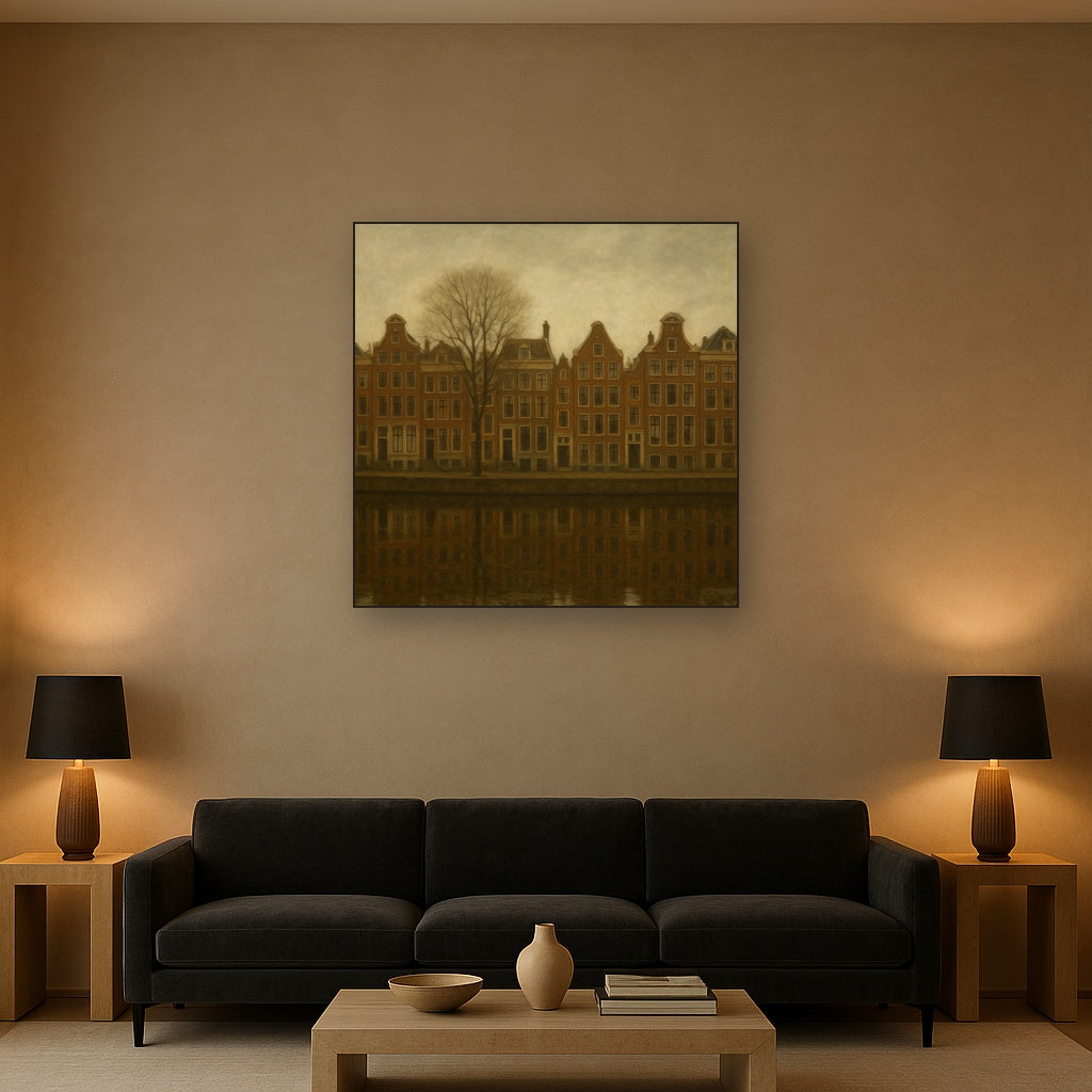 Amsterdam Canal Houses Under Overcast Sky No. 5 Oil Painting Staged Above Sectional Sofa in Living Room, Hand Painted Canvas Wall Art for Home Decor