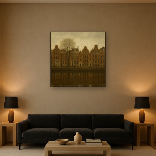 Amsterdam Canal Houses Under Overcast Sky No. 5 Oil Painting Staged Above Sectional Sofa in Living Room, Hand Painted Canvas Wall Art for Home Decor