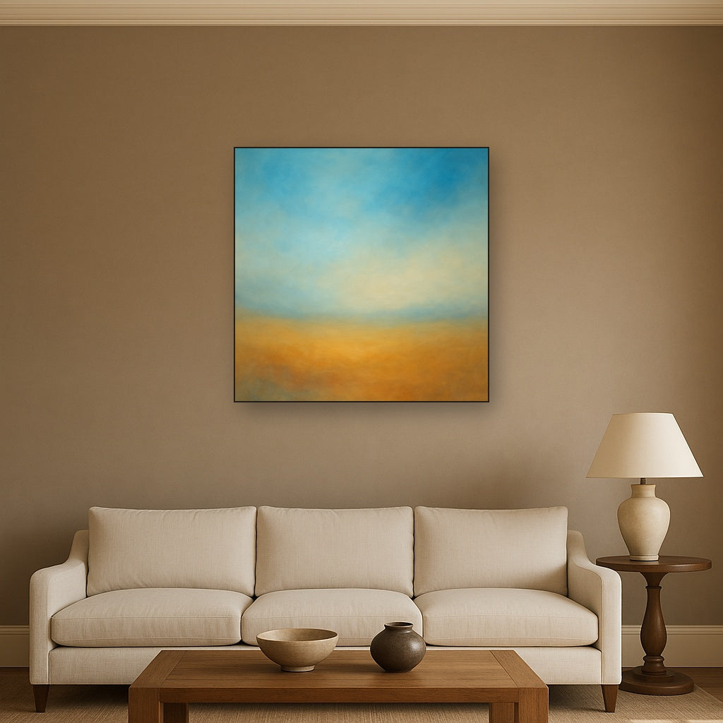 Celestial Azure & Warm Ochre Equilibrium No. 16 Oil Painting Staged Above Sectional Sofa in Living Room, Hand Painted Canvas Wall Art for Home Decor