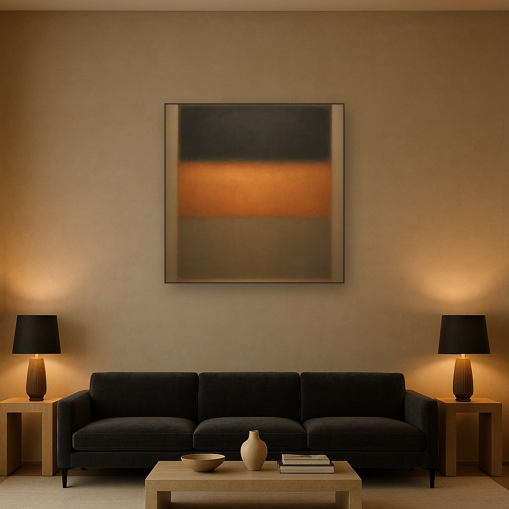 Charcoal Slate & Burnished Copper Horizon No. 23 Oil Painting Staged Above Sectional Sofa in Living Room, Hand Painted Canvas Wall Art for Home Decor