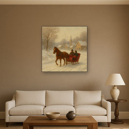 Horse-Drawn Sleigh on Village Snow Road No. 4 Oil Painting Staged Above Sectional Sofa in Living Room, Hand Painted Canvas Wall Art for Home Decor