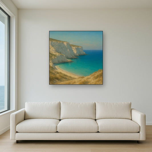 Mediterranean White Cliffs & Turquoise Cove No. 16 Oil Painting Staged Above Sectional Sofa in Living Room, Hand Painted Canvas Wall Art for Home Decor