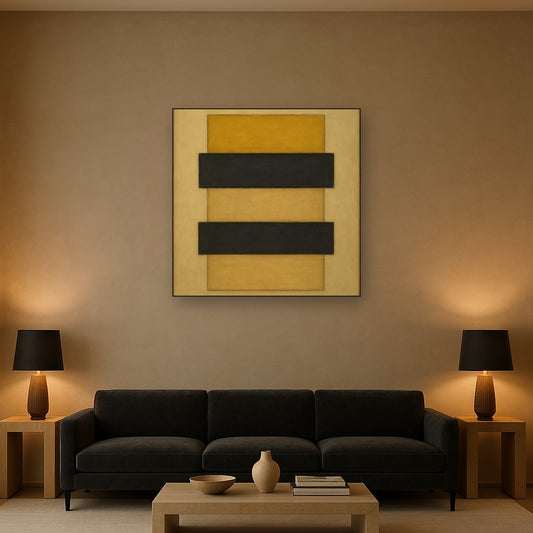Stacked Horizon Blocks in Mustard & Charcoal No. 7 Oil Painting Staged Above Sectional Sofa in Living Room, Hand Painted Canvas Wall Art for Home Decor