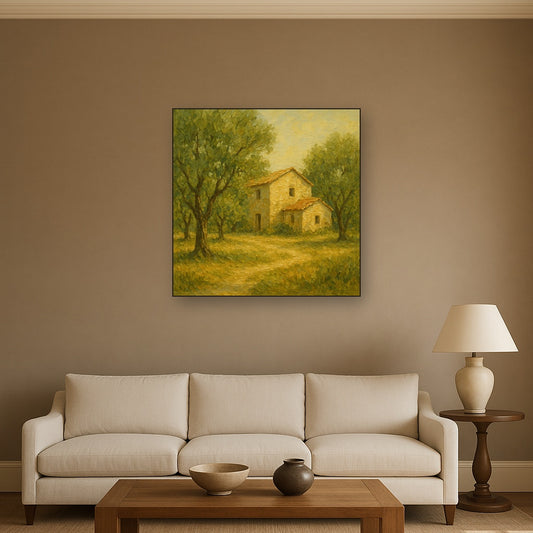 Vintage Olive Grove & Stone Farmhouse No. 5 Oil Painting - Styled in Modern Living Room